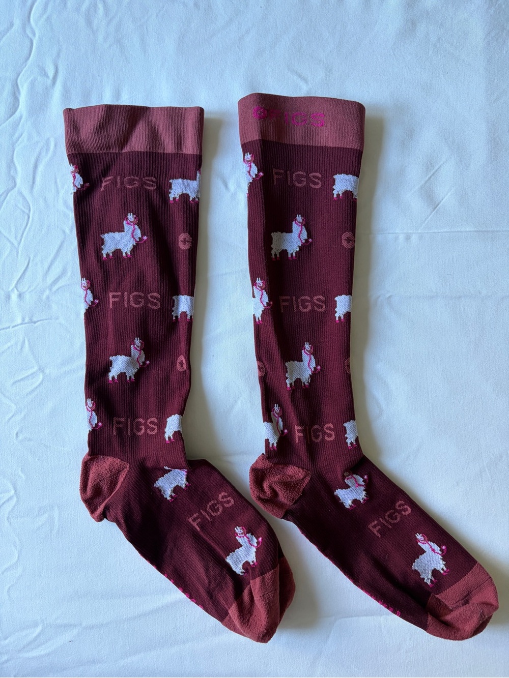 FIGS Trauma Llama Compression Socks in Burgundy & Pink